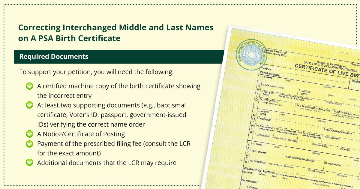 Interchanged middle and last name on a PSA birth certificate